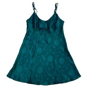 Vtg Celestial Sun Moon Stars Hearts Print Dark Green Satin Mini Slip Dress Large